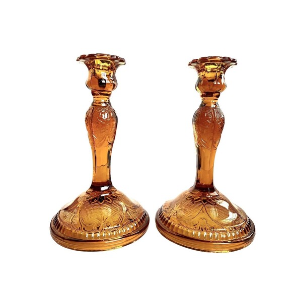Vtg CandleSticks Tiara Amber Indiana Glass Sandwich1940 8.5"candle holder set 2 - Picture 12 of 16